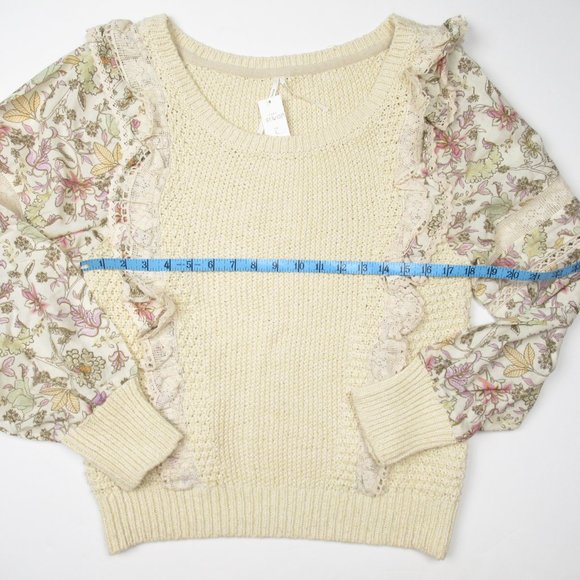 By Anthropologie Floral Printed-Sleeve Ruffle Sweater Cream - Large - Picture 5 of 12